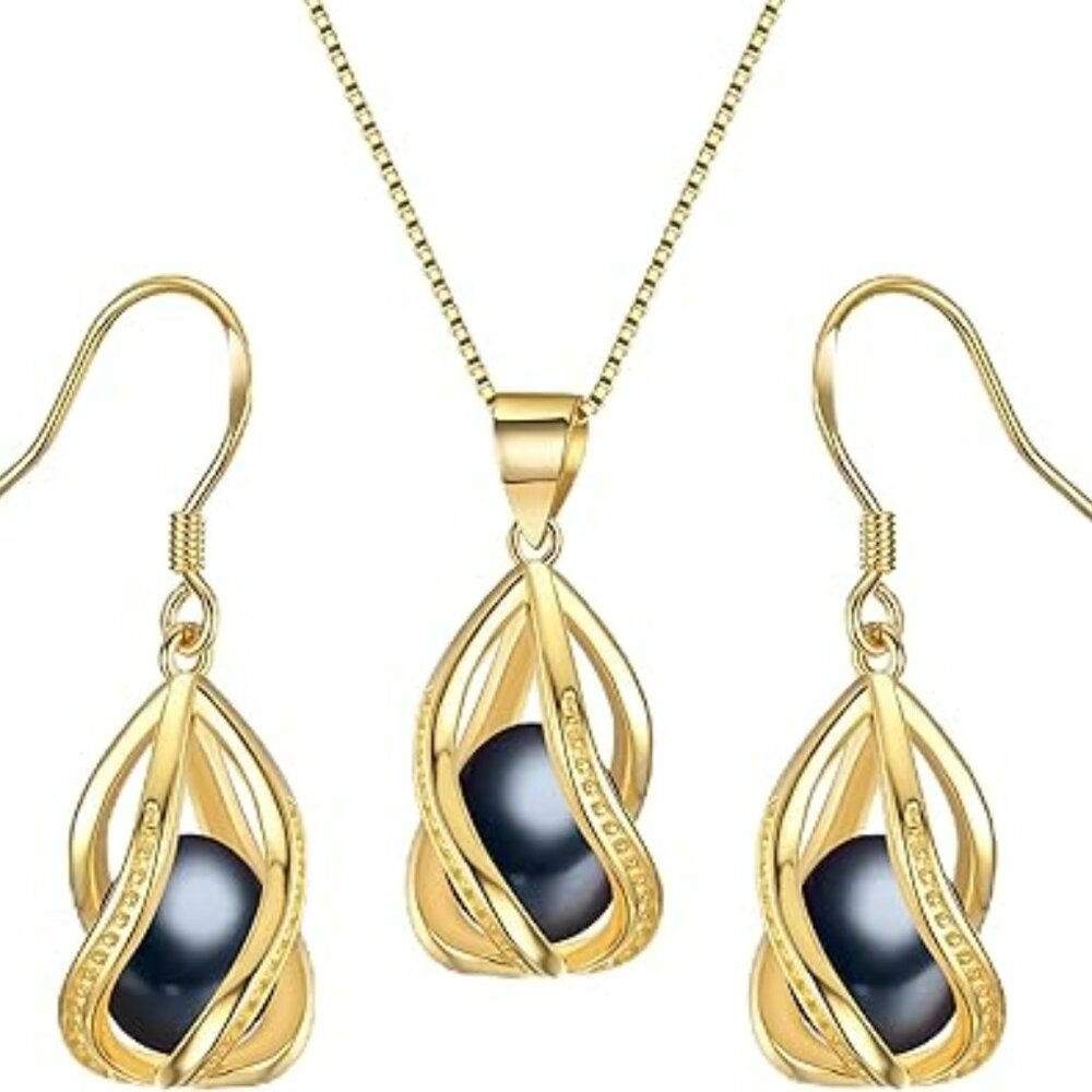 Gold Pearl Jewelry Set Gold Plated Necklace & Earrings Necklace Classy Statement